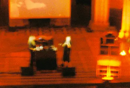a live set in the chapel, seen from above