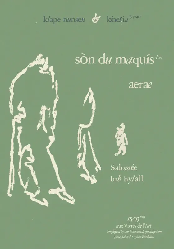 poster: klape nunsen × kinesia, 15.03.2025 — line-up: sòn du maquis (live), aerae, salomée b2b hylall